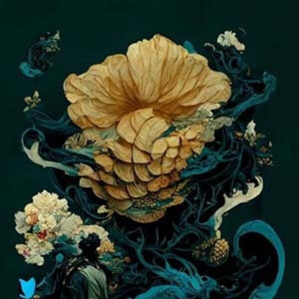 Blooming with Koi Tarot Card in Cyan Artificial Intelligence Art by Midjourney