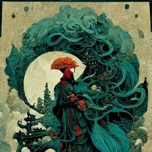 Sztuczna inteligencja karty tarota „Matka i córka” autorstwa Midjourney (część 3 serii Scarlet Mage)