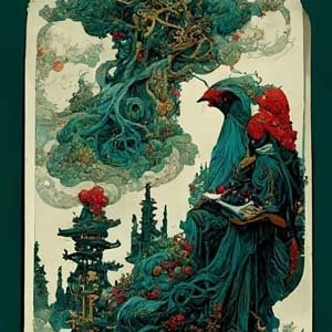 Drzewo Życia Karta Tarota Sztuczna inteligencja Sztuka autorstwa Midjourney (część 2 serii Scarlet Mage)