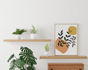 One Boho, Impresión digital abstracta, Decoración del hogar, Decoración de oficina, Naranja suave, Amarillo suave, Hojas, Arte moderno de pared.