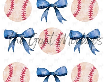 Coquette Bows & baseballs, blue bows, baseball for Sublimation DtF Printing Digital File PNG ONLY Included