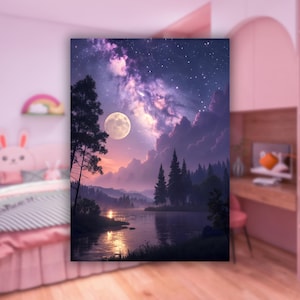 Mondlicht Wald Wandkunst, Galaxy Nachthimmel Poster, dunkel Boho druckbare, feminine spirituelle Dekoration, Vollmond Digital Download
