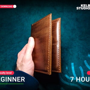 May include: A brown leather wallet with stitching detail. The wallet is being held in a hand. The image includes the text "Difficulty level BEGINNER" and "Time 7 HOURS".