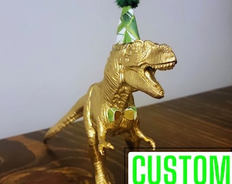 Gold Dinosaur Cake Topper: Party Hat & Bling Bowtie Birthday Decor