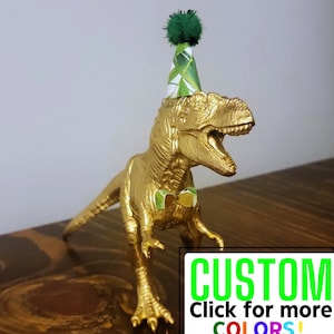 CUSTOM Gold Dinosaur with Party Hat and Bling Bowtie for Birthday~Decorations~Gift~Cake Topper~Dinosaur Birthday Party (Single Dinosaur)