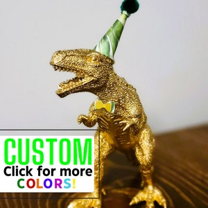 CUSTOM Gold Dinosaur with Party Hat and Bling Bowtie for Birthday~Decorations~Gift~Cake Topper~Dinosaur Birthday Party (Single Dinosaur)