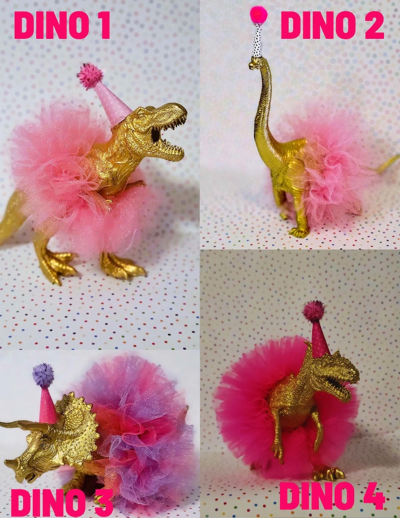 May include: Four gold-colored toy dinosaurs, each adorned with a pink tutu and a party hat. The image includes the text "DINO 1", "DINO 2", "DINO 3", and "DINO 4". The dinosaurs are set against a polka dot background.