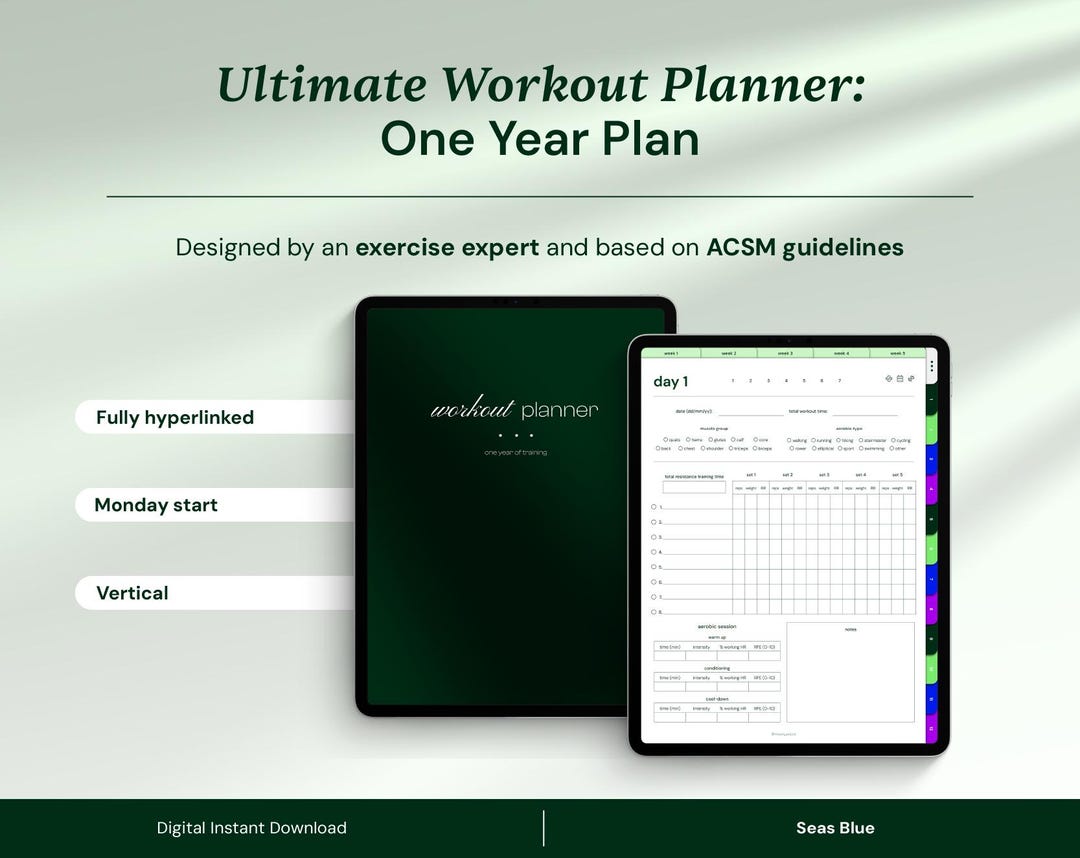 12-month Digital Workout Planner, Fitness Journal, Health &amp; Exercise, Interactive PDF for iPad ...