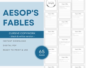 Aesop's Fables Cursive Copywork - b&w version, Charlotte Mason, Classical Homeschool, Morning Basket, Copy Work, Handwriting Practice