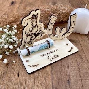 Geldgeschenk Pferd personalisiert aus Holz / Geburtstag / Taufe / Kommunion / Konfirmation / Mädchen / Geschenk / Gutschein / Namen /günstig