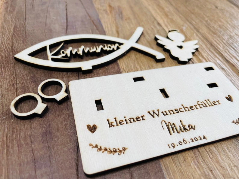 Geldgeschenk zur Kommunion personalisiert aus Holz / Wunscherfüller / besonderes Geschenk / mit Namen Bild 7