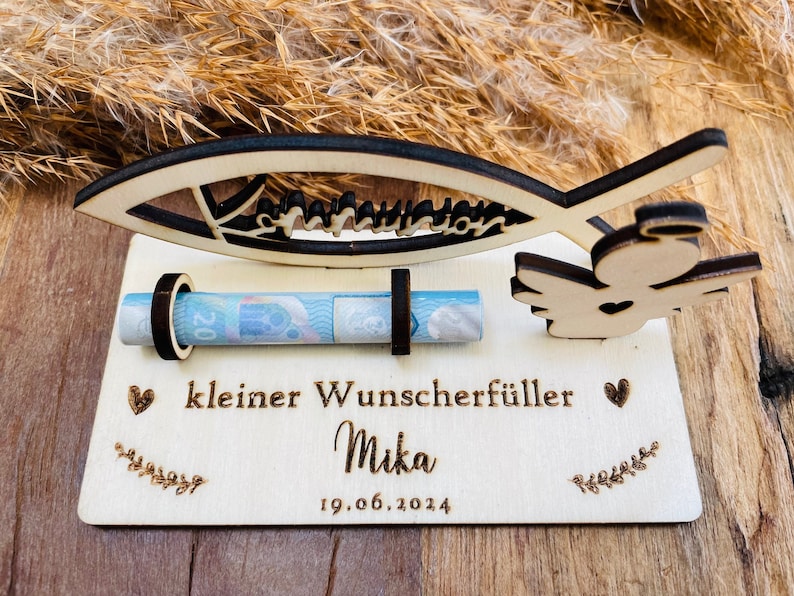 Geldgeschenk zur Kommunion personalisiert aus Holz / Wunscherfüller / besonderes Geschenk / mit Namen Bild 3