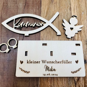 Geldgeschenk zur Kommunion personalisiert aus Holz / Wunscherfüller / besonderes Geschenk / mit Namen Bild 6