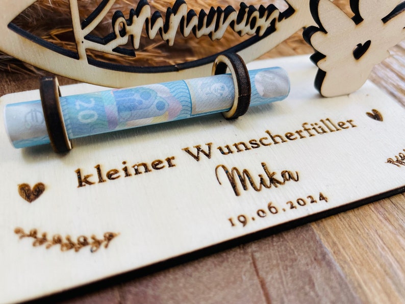 Geldgeschenk zur Kommunion personalisiert aus Holz / Wunscherfüller / besonderes Geschenk / mit Namen Bild 4