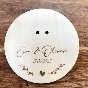 Ring board / ring cushion / ring holder / ring carrier cushion made of wood personalized / motif 2 tendrils with heart / with name and date / wedding image 4