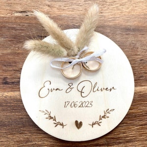 Ring board / ring cushion / ring holder / ring carrier cushion made of wood personalized / motif 2 tendrils with heart / with name and date / wedding image 2
