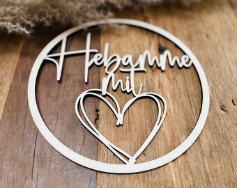Wreath midwife with heart / beautiful made of wood / for door or wall / gift / thank you / birth / baby /