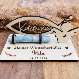 Geldgeschenk zur Kommunion personalisiert aus Holz / Wunscherfüller / besonderes Geschenk / mit Namen Bild 2