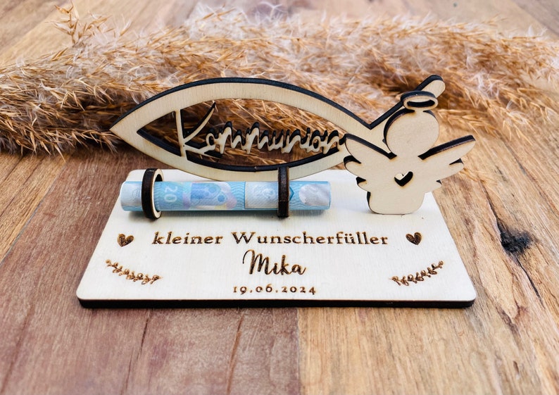 Geldgeschenk zur Kommunion personalisiert aus Holz / Wunscherfüller / besonderes Geschenk / mit Namen Bild 2