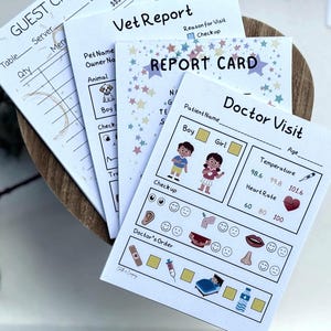 May include: A collection of printed paper documents, including a guest check, vet report, report card, and doctor visit form. The forms feature illustrations and fill-in-the-blank sections, with a wooden bowl in the background.