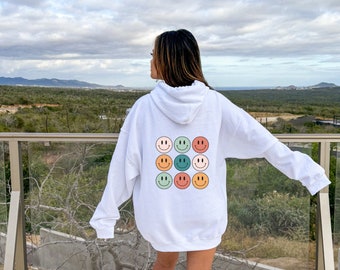 Bunte Smiley Unisex Schwere Mischung Mit Kapuze Sweatshirt | Mehrfarbiger Smiley Hoodie | Groovy Trendy Niedlicher Hoodie