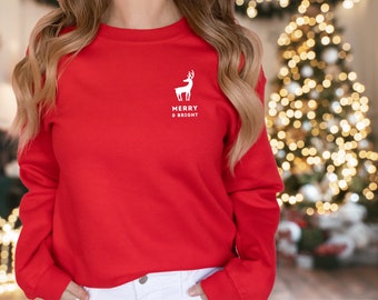Merry and Bright Christmas Reindeer Sweater |  Unisex Heavy Blend Crewneck Sweatshirt