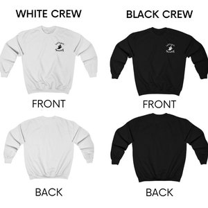 May include: A white and a black crewneck sweatshirt with the text "Let's get spooky" and a ghost graphic on the front. The sweatshirts are shown from the front and back.