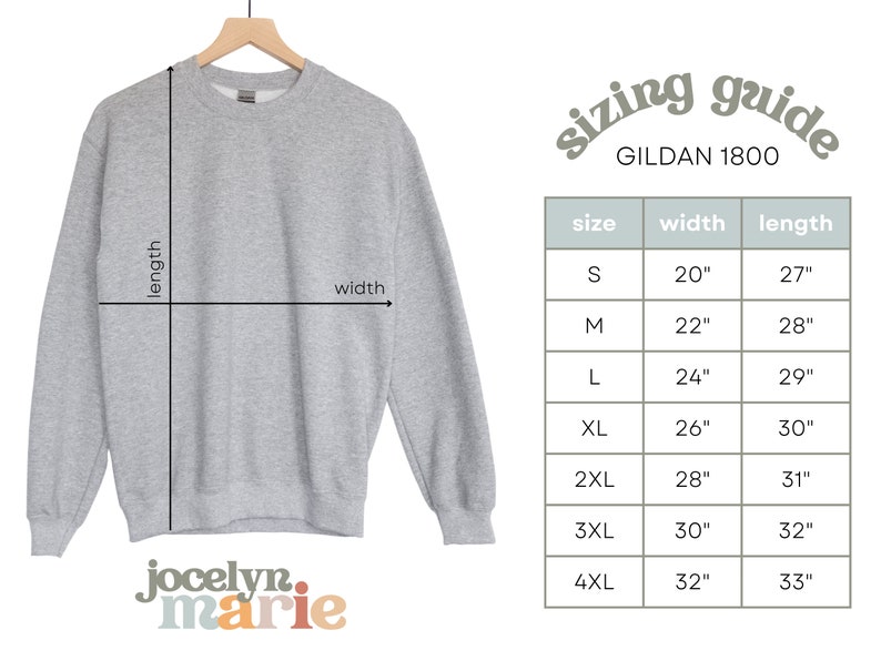 May include: A gray sweatshirt with a sizing guide for Gildan 1800 sweatshirts. The chart shows the width and length in inches for sizes S through 4XL.