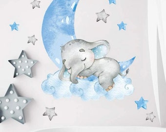 Jungen BLAU Kinderzimmer Elefant Mond & Sterne Wandbild Aufkleber