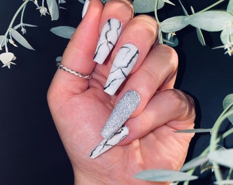 White Marble Press on Coffin Shaped Nails