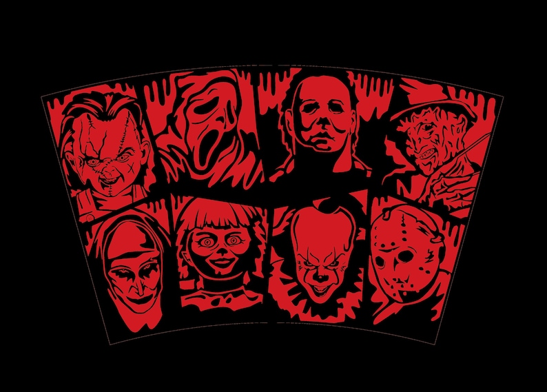 Op de afbeelding: Een zwart-rood grafisch ontwerp met portretten van horrorfilmkarakters, waaronder Chucky, Ghostface, Michael Myers, Freddy Krueger en anderen. Het ontwerp is gerangschikt in een gebogen, gesegmenteerd patroon.