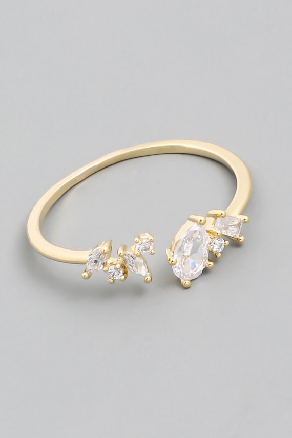Stackable 14k Gold Dipped CZ Raindrop Rhinestone Open Ring Etsy