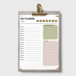 May include: A printable daily planner with a simple design. The planner has sections for the date, day of the week, a to-do list, and a section for things you are grateful for.