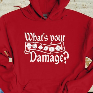 What&#39;s your Damage Hoodie, Dungeons and Dragons, DnD Dice, DnD Dungeon Master, RPG, TTRPG, Roll For Initiative, DM, Unisex Hooded Sweatshirt