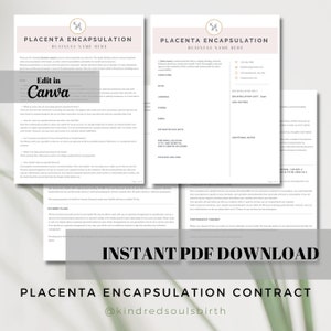 Printable Editable Placenta Encapsulation Contract Template, Birth Doula, Placenta Specialist Documents, Client Documents, Release Form,
