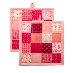 Set of 2 Pink Quilted Patchwork Pot Holders made with Hand Dyed Cotton