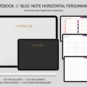 May include: A digital notebook with a white leather cover and the word "NOTEBOOK" in gold lettering. The notebook is compatible with the Goodnotes app. The image also shows several pages from the notebook, including an index page, a notes page, and a lined page. The notebook includes 700 stickers, 100 covers, 12 note sections, and 6 customizable sections.