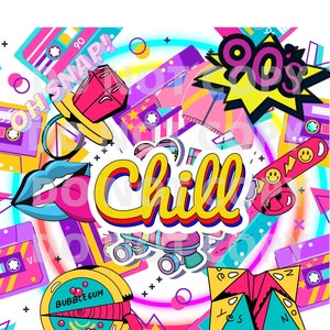 Puede incluir: Una ilustración colorida de temática de los 90 con una variedad de objetos retro, incluyendo una cinta de casete, un patín, una máquina de chicle y un juego de papel de la fortuna. El texto "Chill" está escrito en negrita, en amarillo.