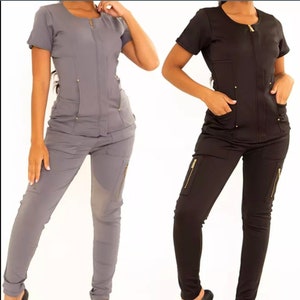 Womens Scrubs Sets Hidden Zipper Short Sleeve Jogger Sets - Notched V-Neck Scrub Top Shirt