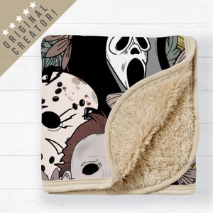 Floral Classic Horror Movie Sherpa Blanket, Jason Voorhees Blanket, Ghost Blanket, Michael Myers Blanket, Gift for Classic Horror Fans