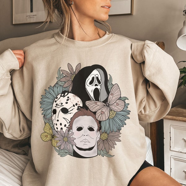 Halloween Floral Horror Jason Michael Myers Sweatshirt, Jason Voorhees Crewneck Tshirt, Ghost Tshirt, Halloween Gifts for her