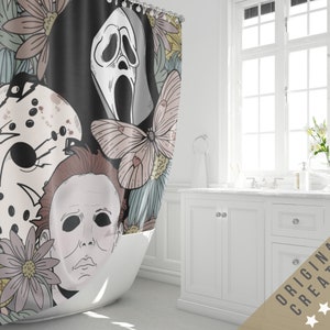 Cortina de ducha de película de terror clásica floral, cortina de ducha Jason Voorhees, cortina de ducha Michael Myers, decoración del baño de Halloween