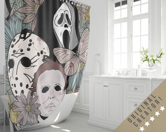 Floral Classic Horror Movie Shower Curtain, Jason Voorhees Shower Curtain, Michael Myers Shower Curtain, Halloween Bathroom Decor