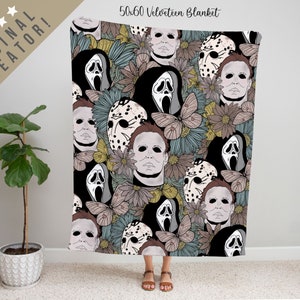 Floral Horror Movie Michael Myers Cozy Blanket, Jason Voorhees Blanket, Velveteen Minky Blanket, Gift for Classic Horror Fans