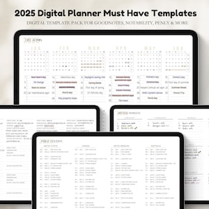Könnte beinhalten: Ein digitales Planervorlagenpaket für 2025, dargestellt auf mehreren Tablets. Die Bildschirme zeigen Kalender, Passwort-Tracker und Feiertagslisten. Der Text oben lautet "2025 Digital Planner Must Have Templates".