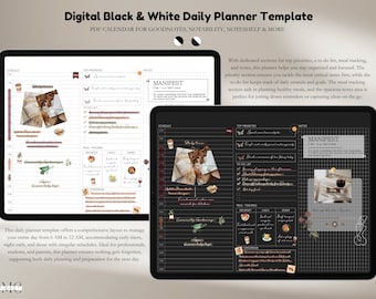 Plantilla de agenda diaria: Blanco y negro, sin fecha, Goodnotes Noteshelf (PDF)