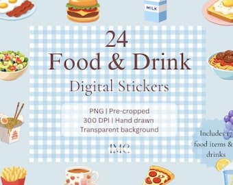 24 pegatinas de comida y bebida / Pegatinas estéticas para agendas / Pegatinas PNG acogedoras / Pegatinas para iPad de GoodNotes / Paquete de iconos cotidianos
