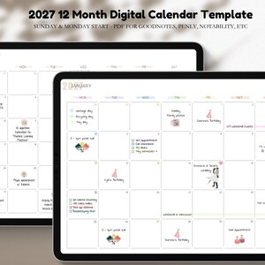 2027 Monthly Digital Planner: Sunday/Monday Start (PDF for Goodnotes, Penly, Notability)