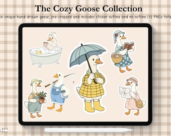 Pegatinas digitales Cozy Goose para GoodNotes, pegatinas de planificador dibujadas a mano, 6 diseños, 12 PNG