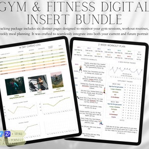 Puede incluir: Paquete digital de inserción de fitness con planes de entrenamiento y registros de cardio. El paquete incluye seis páginas diseñadas para rastrear sesiones de gimnasio, rutinas de entrenamiento y planificación semanal de comidas. El texto incluye "GYM & FITNESS DIGITAL INSERT BUNDLE" y "14 DAY CARDIO LOG".